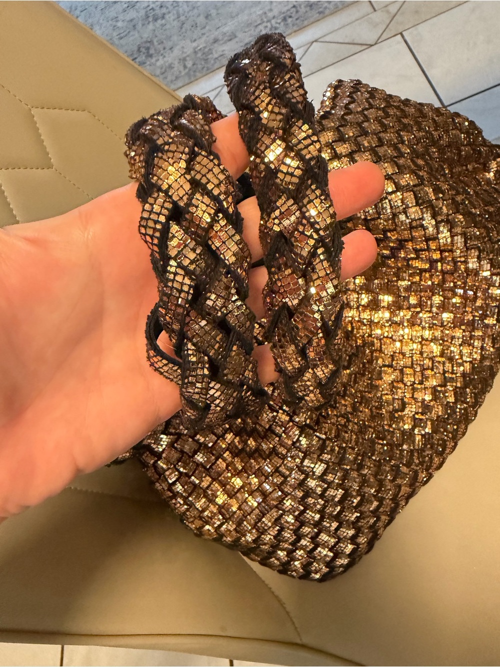 NAGHEDI Metallic Bronze Woven Tote Bag & Matching Zip Pouch Set - Picture 5 of 17